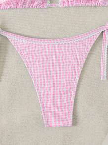 Swim Mod Halter Tied Back Plaid Bikini Top And Bottom Set, Casual Holiday Wear Summer - Pink - View 3
