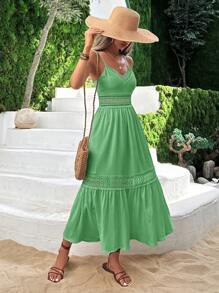 SHEIN Cottnline V-Neck Guipure Lace Insert Ruffle Hem Dress - Green - View 5