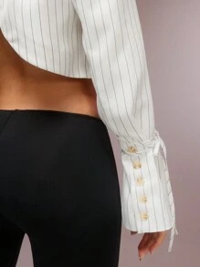 SHEIN Unity Áo khoác vest công sở chuyên nghiệp, áo khoác nữ, áo khoác, áo khoác mùa thu, ve áo dài tay, thắt eo, sọc - trắng - Xem 8
