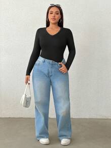 SHEIN EZwear Plus Size Crew Neck Long Sleeve Form-Fitting Elegant And Sweet Charming Fashion Bodysuit, For Winter