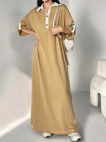 Al Najma Women's Contrast Color Polo Collar Cuffed Sleeve Casual Straight Modest Dress, Casual Sporty For Casual Daily/Work/Back To School, Maxi Length Arabian Dresses - Multicolor - View 7
