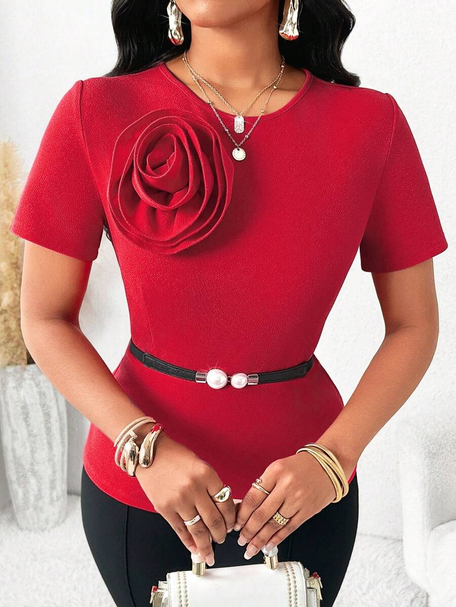 SHEIN Lady 四季红套装休闲两件套女秋季套装优雅红色圆领3D花朵装饰和黑色喇叭裤女套装衣服套装新款女士两件套 - 彩色 - 查看 1