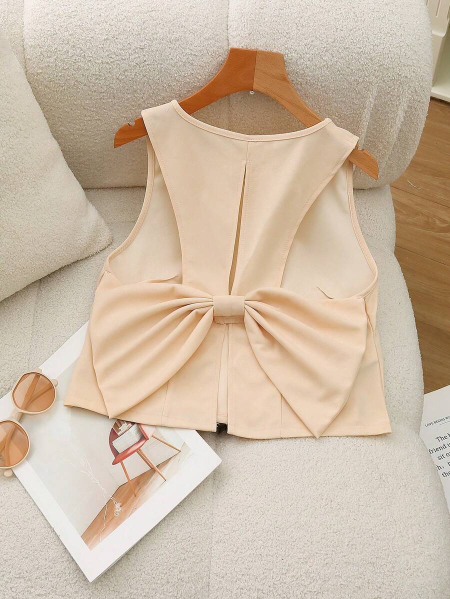 Franclia Áo cánh đơn giản không tay cổ tròn trơn dành cho nữ có nơ trang trí, áo không tay - Màu be - Xem 1