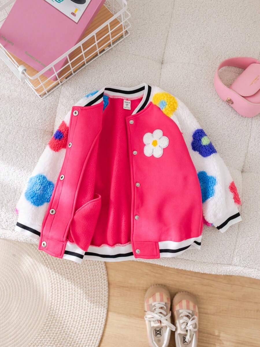 SHEIN Young Girl Flower Printed Fluffy Patchwork Baseball Jacket - Pink - View 1