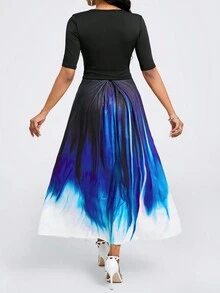 Plus Size Women's Elegant Tie-Knot Ombre Short Sleeve Dress, Autumn - Blue - View 2