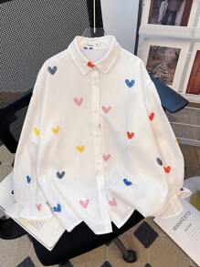 SHEIN Blusa blanca de manga larga con botones, estampado de corazones coloridos y cuello camisero, informal y holgada para niña preadolescente - Blanco - Ver 4