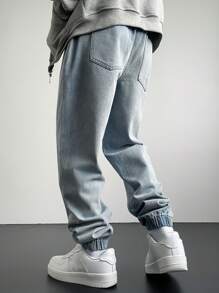 Manfinity Hypemode Pantalones vaqueros holgados tipo harem de color liso con cordón en la cintura para hombre, pantalones rectos largos desgastados de carga de color azul claro, regalos para esposo o novio - Azul - Ver 2