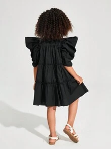 SHEIN Vestido casual feminino jovem tecido cor sólida elegante com babados e manga bufante
