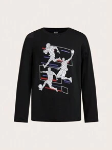 SHEIN Leap Crew 4入組兒童青少年男童運動足球印花圓領寬鬆針織長袖T恤，每款1件。適用於春季、夏季、秋季和冬季的日常、旅遊、休閒、通勤和校園穿著。 - 彩色 - 查看 10