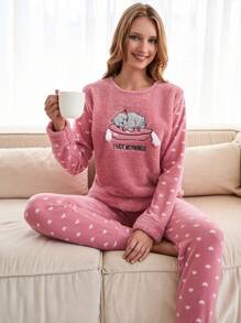 EURMUSE Cartoon & Slogan Embroidery Flannel PJ Set - Pink - View 4