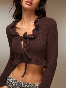 SHEIN Unity Áo len cardigan dệt kim cắt ngắn phía trước viền bèo nhún cho nữ dài tay màu cà phê quần áo mùa đông - màu nâu - Xem 7