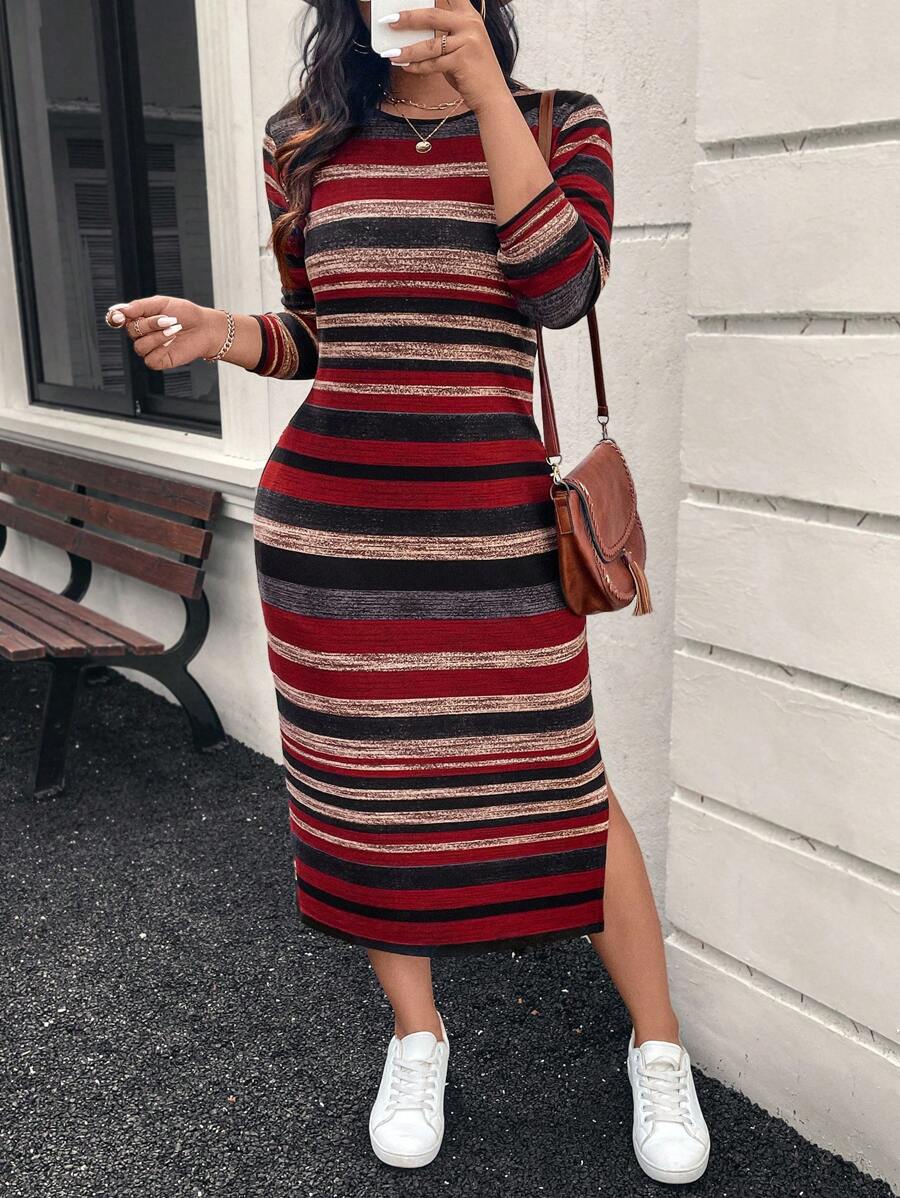 SHEIN LUNE 大码女式圣诞彩虹条纹侧开衩下摆长款休闲连衣裙，时尚秋季女装新年女装节日装节日派对礼服大码连衣裙 - 彩色 - 查看 1