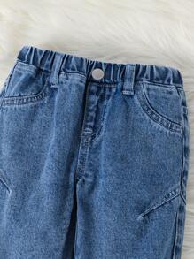 Cozy Pixies Jeans casuales básicos azules de bebe niño con diseño lindo y bajo dividido, ropa interior/exterior para bebé niños en otoño - Azul lavado medio - Ver 4