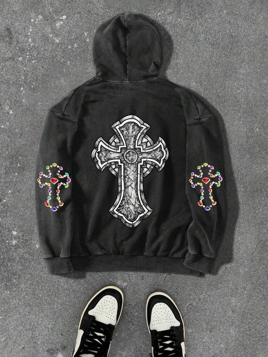Manfinity EMRG Young Street Diamond Cross God Bless Distressed Sweatshirt - Black - View 1
