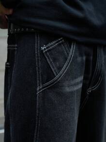 GALLERY FADE 男士宽松阔腿休闲牛仔裤，带口袋，纯色深色牛仔裤，长款宽松纯黑色洗水工装牛仔裤，适合丈夫、男朋友的礼物 - 黑色 - 查看 6