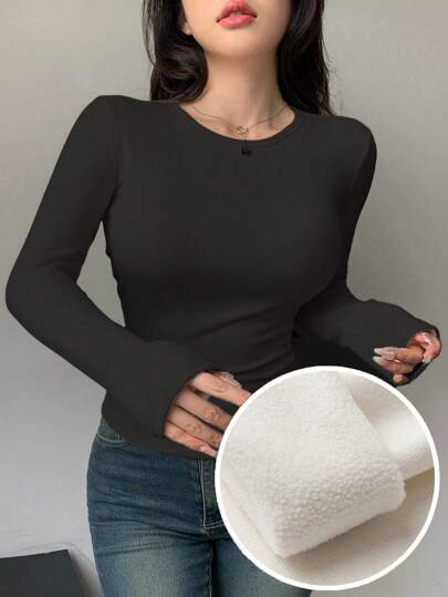 DAZY 1pc Women's Solid Color Fall Simple Daily Wear Long Sleeve T-Shirt,Fleece Lined