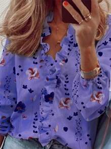 SHEIN LUNE Women's Long Sleeve Full Floral Print Frill Trim Casual Chic Blouse - Purple - View 3