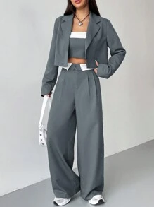 SHEIN EZwear Solid Color Jacket With Contrast Striped Pants Suit