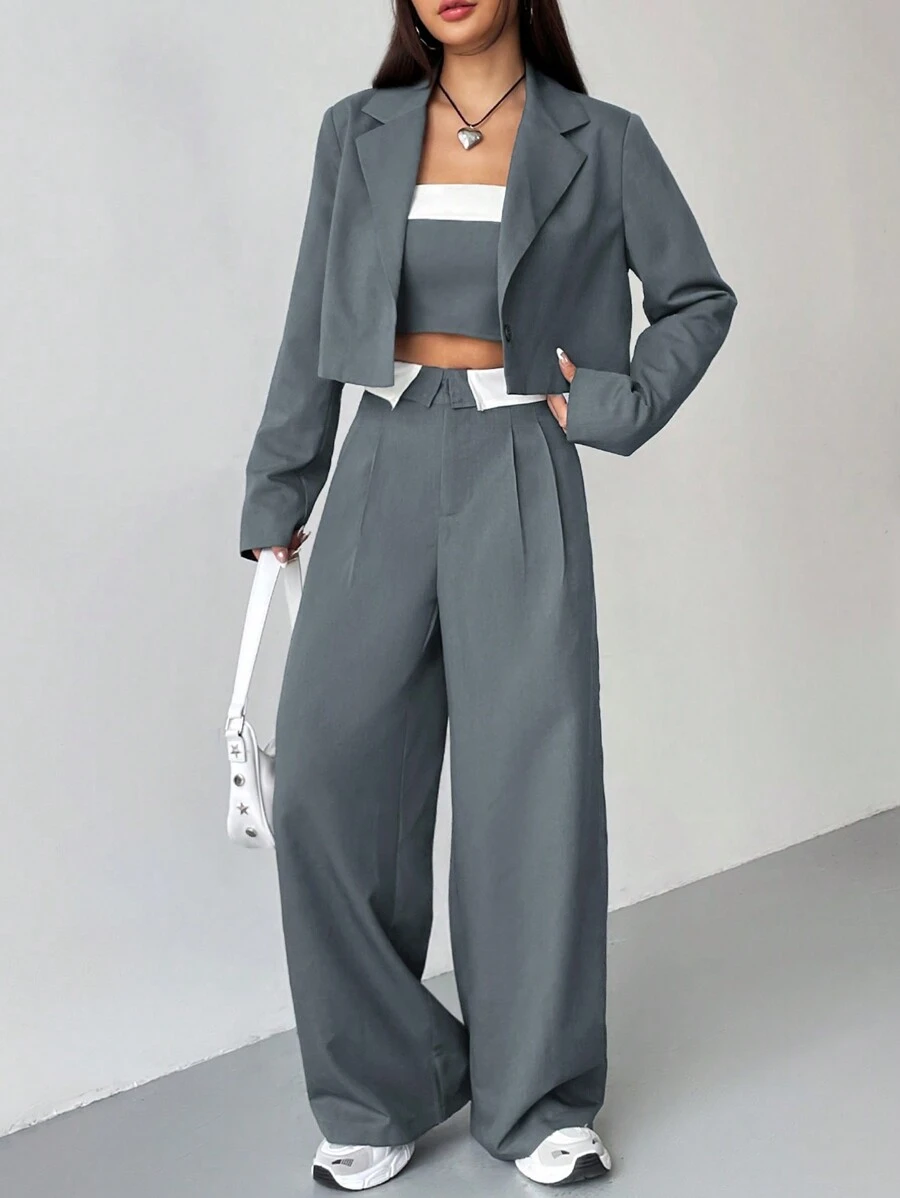 SHEIN EZwear Solid Color Jacket With Contrast Striped Pants Suit