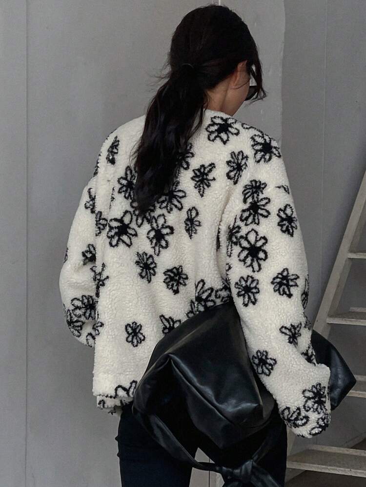 Women's Pattern Crew Neck Faux Thermal Lined Thicken Regular Jacket, Winter, Fall Women Clothes, Thermal Lined Women Coats