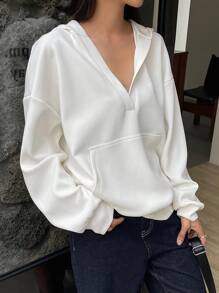 DAZY Sudadera con capucha de unicolor de manga larga con bolsillo y cuello en V para mujer, para uso diario casual, ropa de otoño