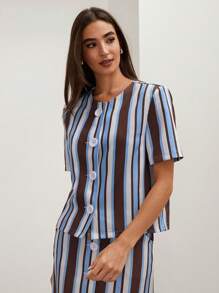 COSMINA Damer med randigt tryck med rund hals med knapp dekor kortärmad blus - Multifärgad - Visa 3