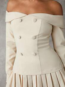 SHEIN BAE 女士露肩褶皱纯色连衣裙秋季婚礼宾客礼服冬季女士连衣裙秋季女士连衣裙商务女装茶会连衣裙工作女士连衣裙 - 杏色 - 查看 2