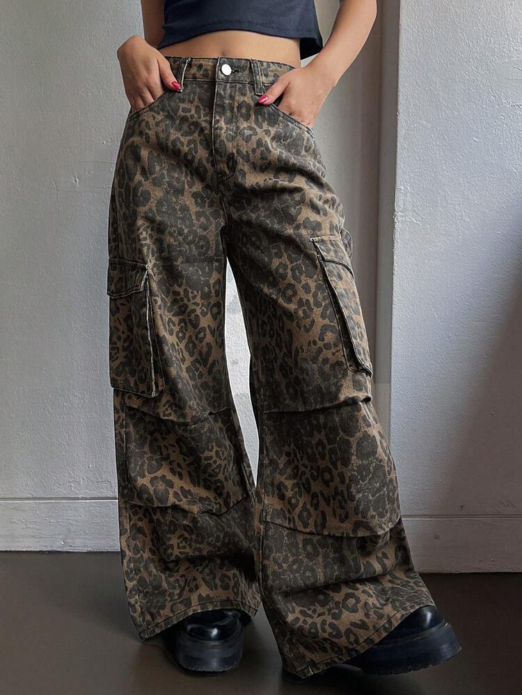 Women's Leopard Print Cargo Pants Big Pocket Denim Trousers Women Jeans
