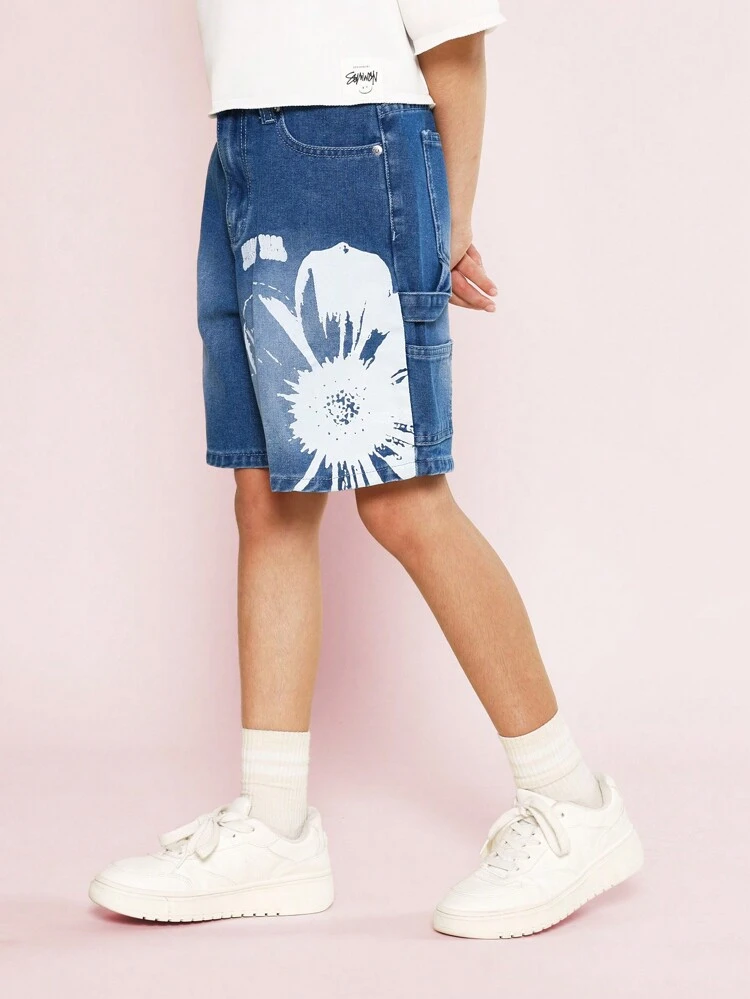 Mädchen Teenager  Denim Shorts mit Blumen Grafik Muster