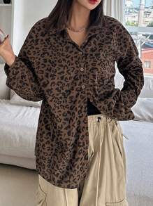 DAZY 女士灯芯绒常规领宽松衬衫猎豹纹印花 - 彩色 - 查看 4