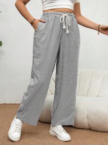 SHEIN Essnce Plus Size Dames Blauw & Wit Gestreepte Losse Casual Broek