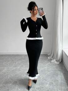 Chiquease 2pcs/Set Women's Long White Lace Patchwork Knitted Outfit - Black and White - View 4