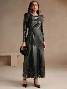 Anewsta 春秋时尚长袖复古风镂空花卉图案 PU 连衣裙 - 黑色 - 查看 7