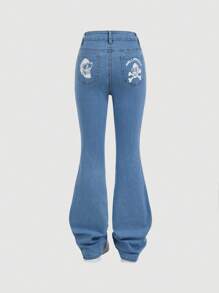 SHEIN MOD Women's Stretch Blue Denim Casual Flared Jeans - Light Wash - View 2