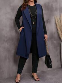 EMERY ROSE Plus Size Women Solid Color Casual Vest Jacket - Navy Blue - View 1