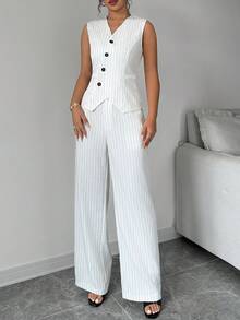 1 Set de traje de trabajo con chaleco sin mangas con botones frontales a rayas y pantalones - Multicolor - Ver 5