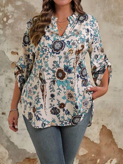 EMERY ROSE Blusa informal con cuello en V, manga con volantes y estampado floral para mujer de talla grande
