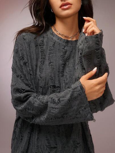 COSMINA Women's Crew Neck Long Sleeve Casual T-Shirt With Distressed Design, Loose And Comfortable