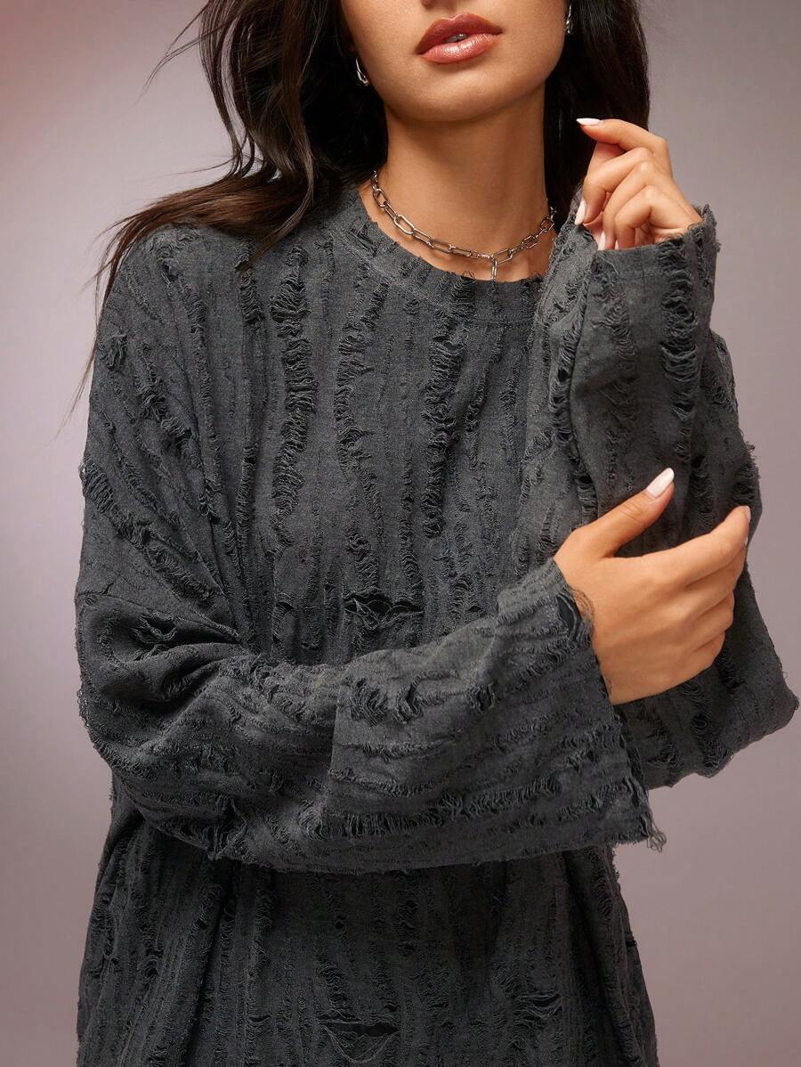 COSMINA Women's Crew Neck Long Sleeve Casual T-Shirt With Distressed Design, Loose And Comfortable - Dark Grey - View 1