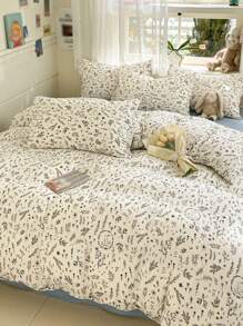 3 件套卷轴图案叶子、花朵和兔子印花水洗黑白羽绒被套和枕套，单人床/双人床/大号双人床/特大号双人床