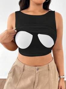 SHEIN EZwear 大码圆领无袖褶皱纯色简约运动休闲户外时尚背心 - 黑色 - 查看 4