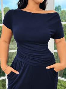 SHEIN EZwear Bộ 2 áo len hở vai và quần ống đứng cỡ lớn cho nữ, màu xám đậm - Màu xanh hải quân - Xem 4