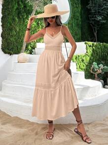 RueChic V-Neck Guipure Lace Insert Ruffle Hem Dress - Watermelon Pink - View 7