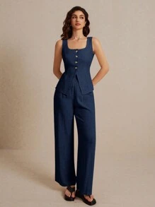 SHEIN Frenchy Plus Size Summer Linen Color  Linen Suit Vest Two-Piece Set Ladies Fashionable Plain Button Contrast Color Sleeveless Top And Trousers Set Wear Comfortable Fabric Breathable Soft Suitable For Commuting Daily Holiday Wear Teacher Outfits - Navy Blue - View 1