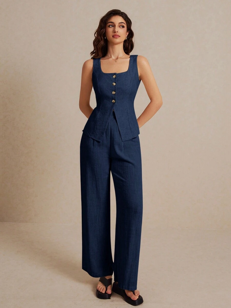 SHEIN Frenchy Plus Size Summer Linen Color  Linen Suit Vest Two-Piece Set Ladies Fashionable Plain Button Contrast Color Sleeveless Top And Trousers Set Wear Comfortable Fabric Breathable Soft Suitable For Commuting Daily Holiday Wear Teacher Outfits - Navy Blue - View 1