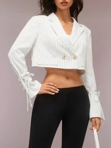 SHEIN Unity Áo khoác vest công sở chuyên nghiệp, áo khoác nữ, áo khoác, áo khoác mùa thu, ve áo dài tay, thắt eo, sọc - trắng - Xem 7