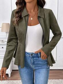 SHEIN LUNE 女士纯色简约日常拉链长袖夹克 - 軍綠色 - 查看 5