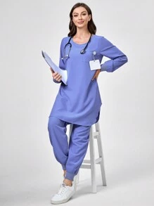 TaskEZ 纯色圆领长袖上衣和裤子制服套装 - 淺藍色 - 查看 5