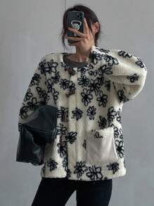 DAZY Women's Pattern Crew Neck Faux Thermal Lined Thicken Regular Jacket, Winter, Fall Women Clothes, Thermal Lined Women Coats - White - View 3