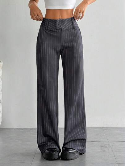 Flirla Women's Casual Straight Leg Striped Pants, Fashion Streetwear Low Waist Belt Loop Design